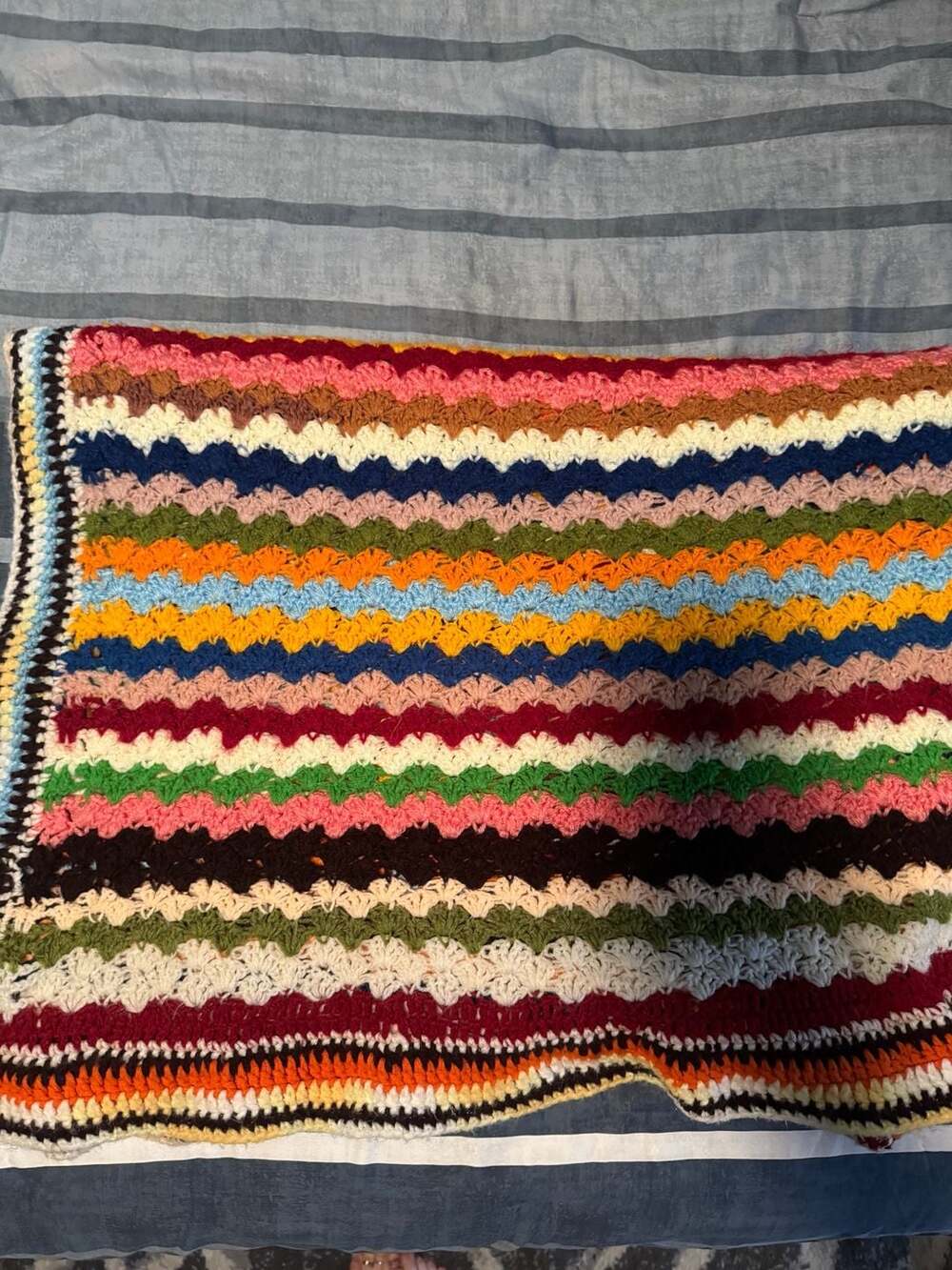 Vintage Handmade Multi-Color Crochet Ripple Afghan Throw Blanket 53x77